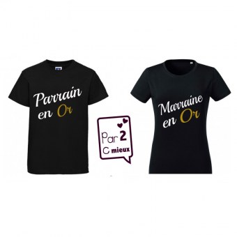 DUO T-SHIRT Parrain en Or + Marraine en Or (NOIR) Par2cmieux
