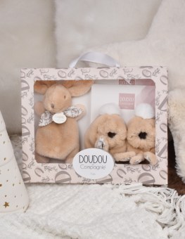 Lapin Doudou - Coffret cadeau Chaussons et Doudou Beige 15 cm