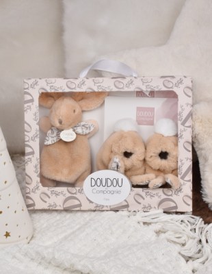Lapin Doudou - Coffret cadeau Chaussons et Doudou Beige 15 cm